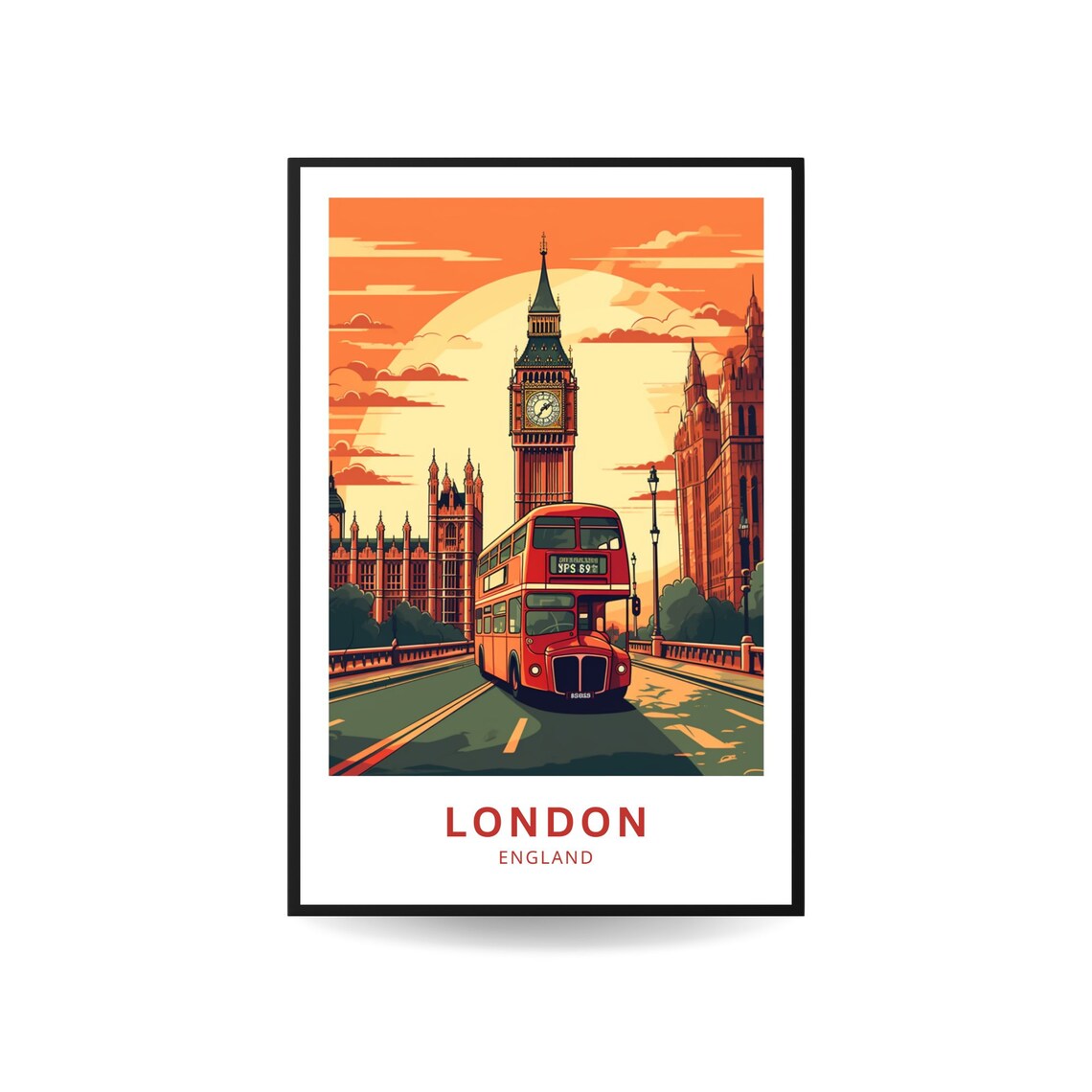 London England Big Ben Red Bus Sunset Landmark Travel Poster