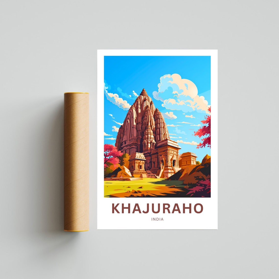 Khajuraho Red Temple India Ancient Stonework Shrines Travel Poster - Image 4