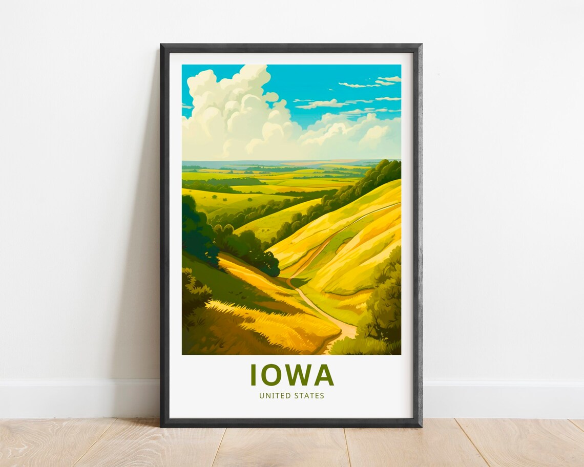 Iowa United States Rolling Hills Farmland Summer Travel Poster