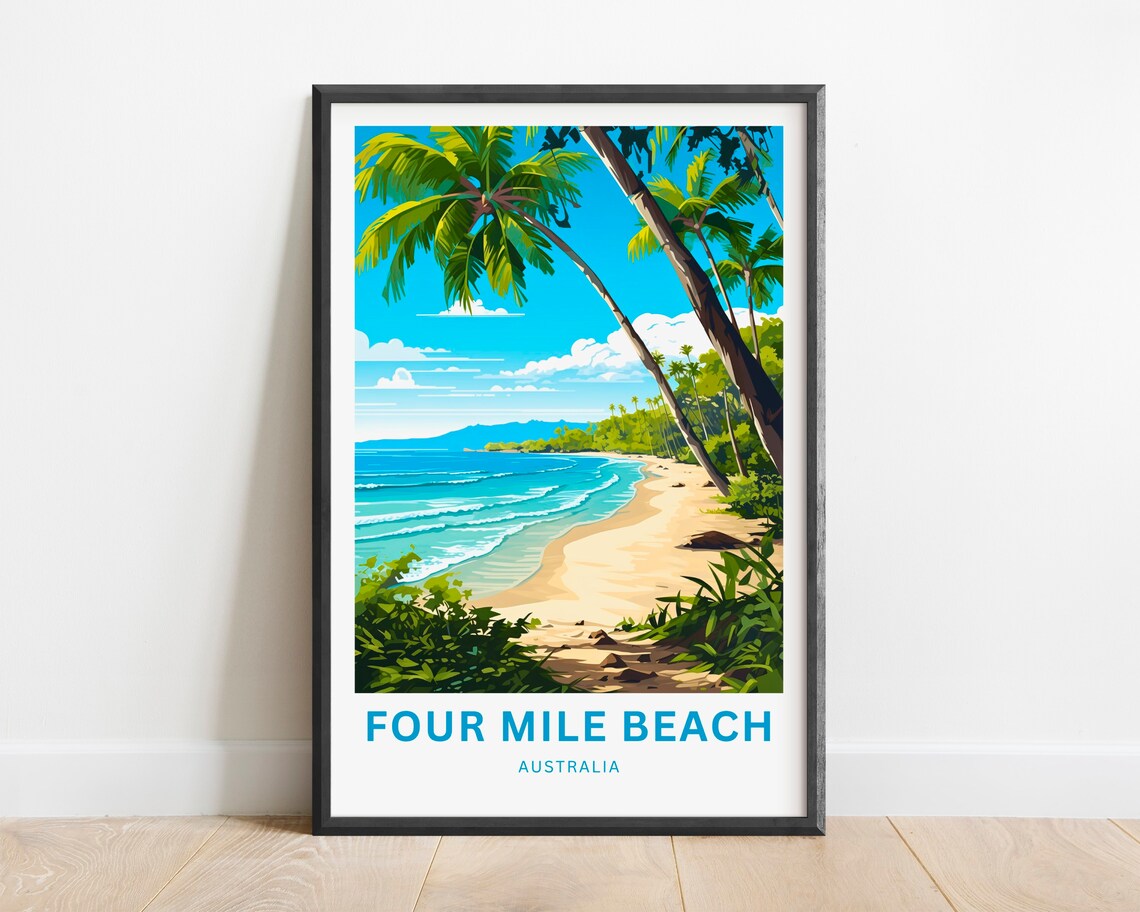 Four Mile Beach Australia Turquoise Water Palms Vintage Travel Poster