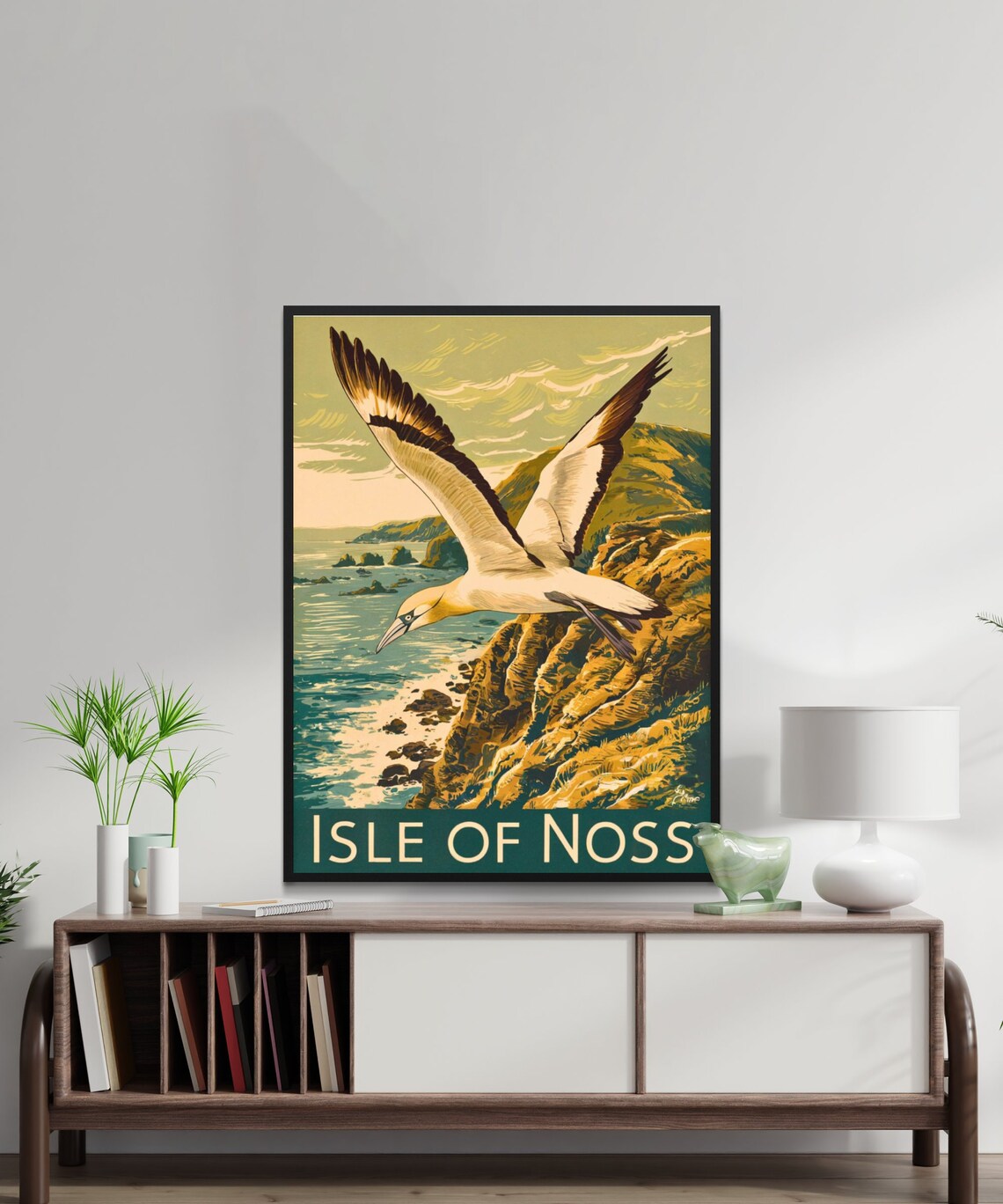 Isle of Noss Scotland Vintage Flying Gannet Over Coastal Cliffs Poster - Image 2