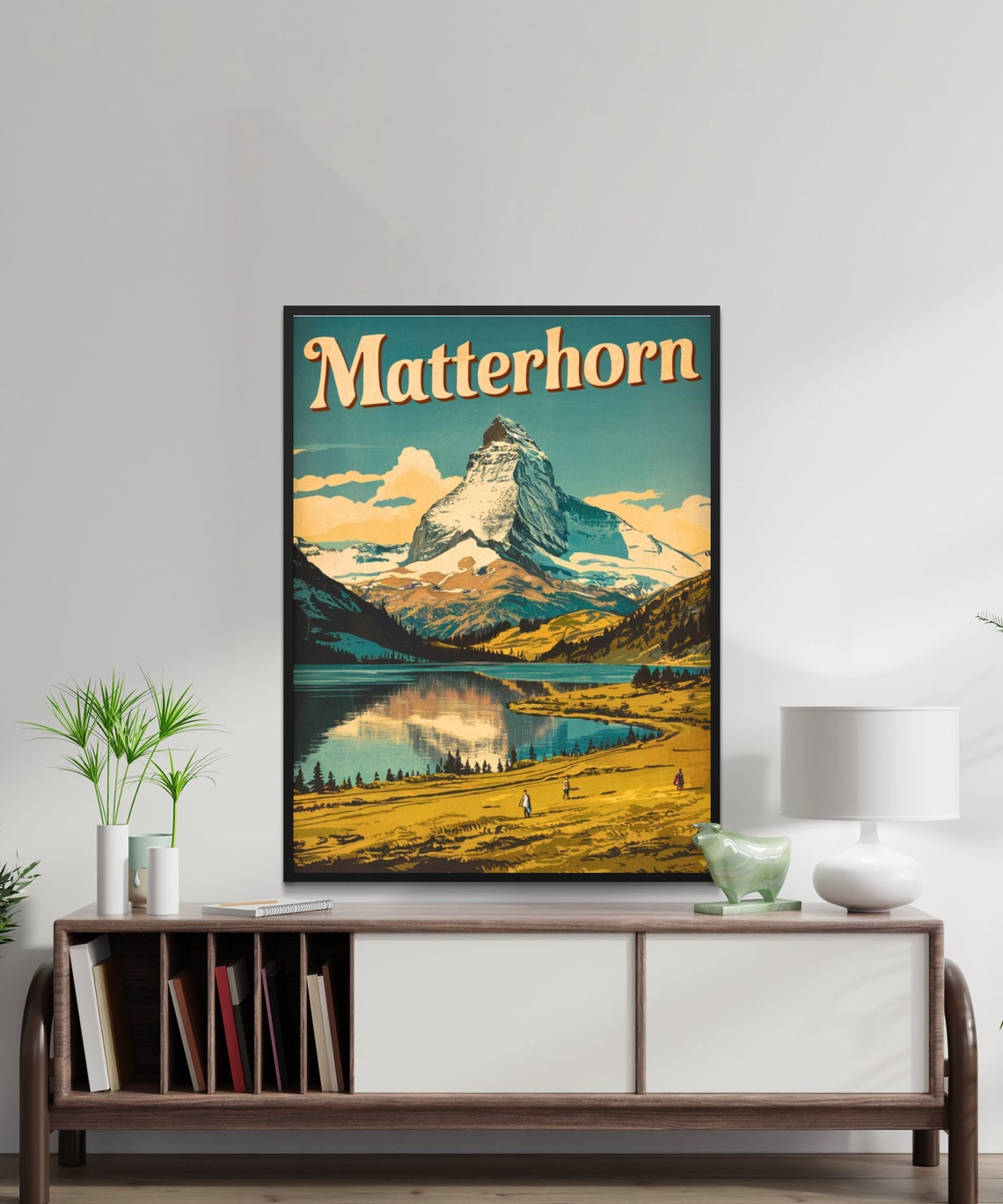 Matterhorn Golden Meadow Lake Reflection Alpine Hikers Vintage Poster - Image 2