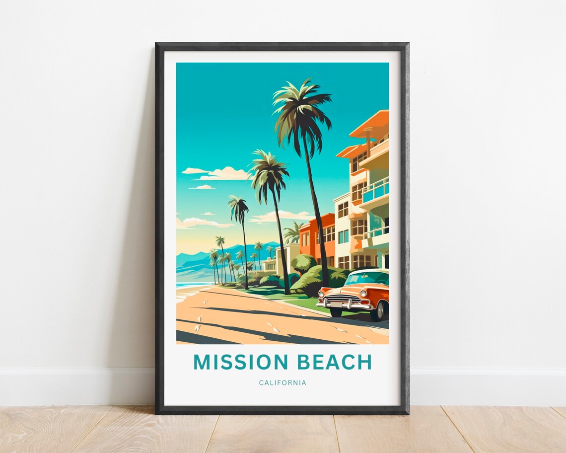 Mission Beach California Palm Lined Classic Retro Travel Poster
