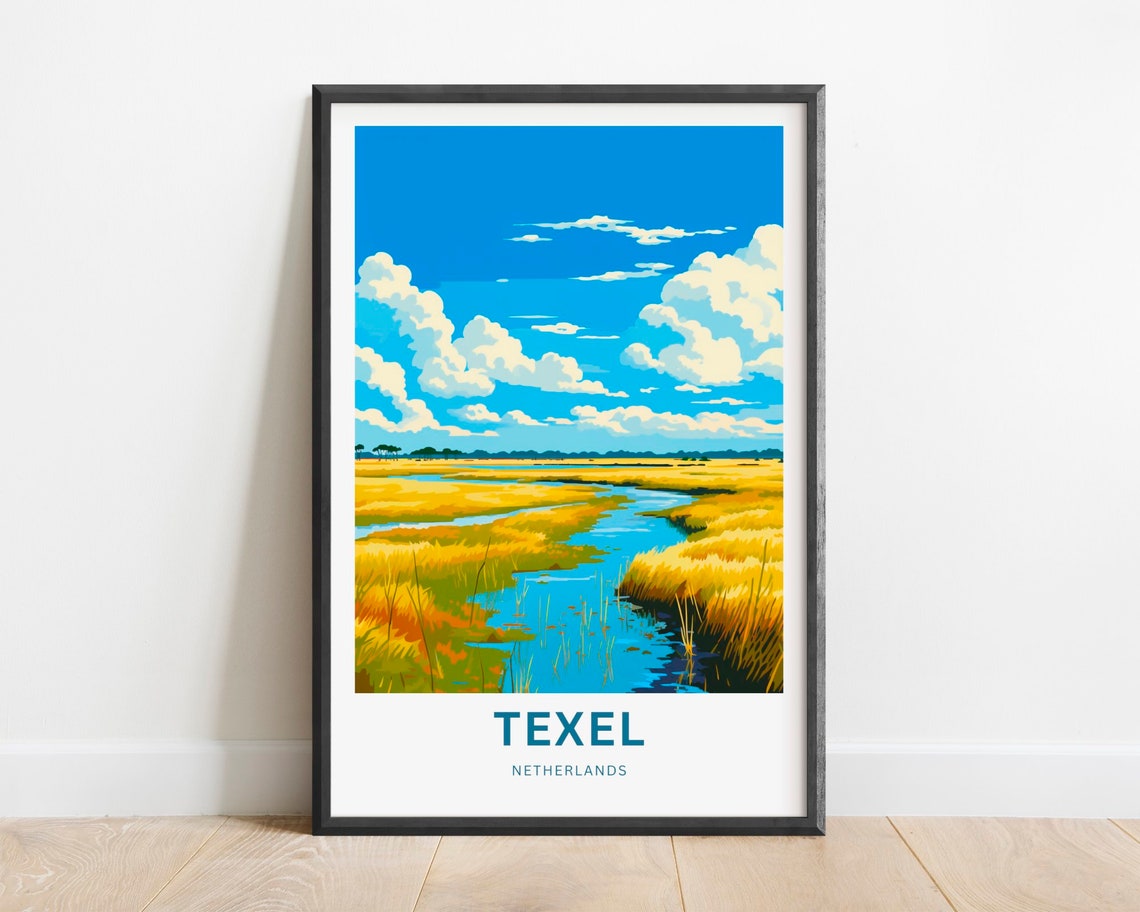Texel Netherlands Marshland Creek Golden Fields Travel Poster