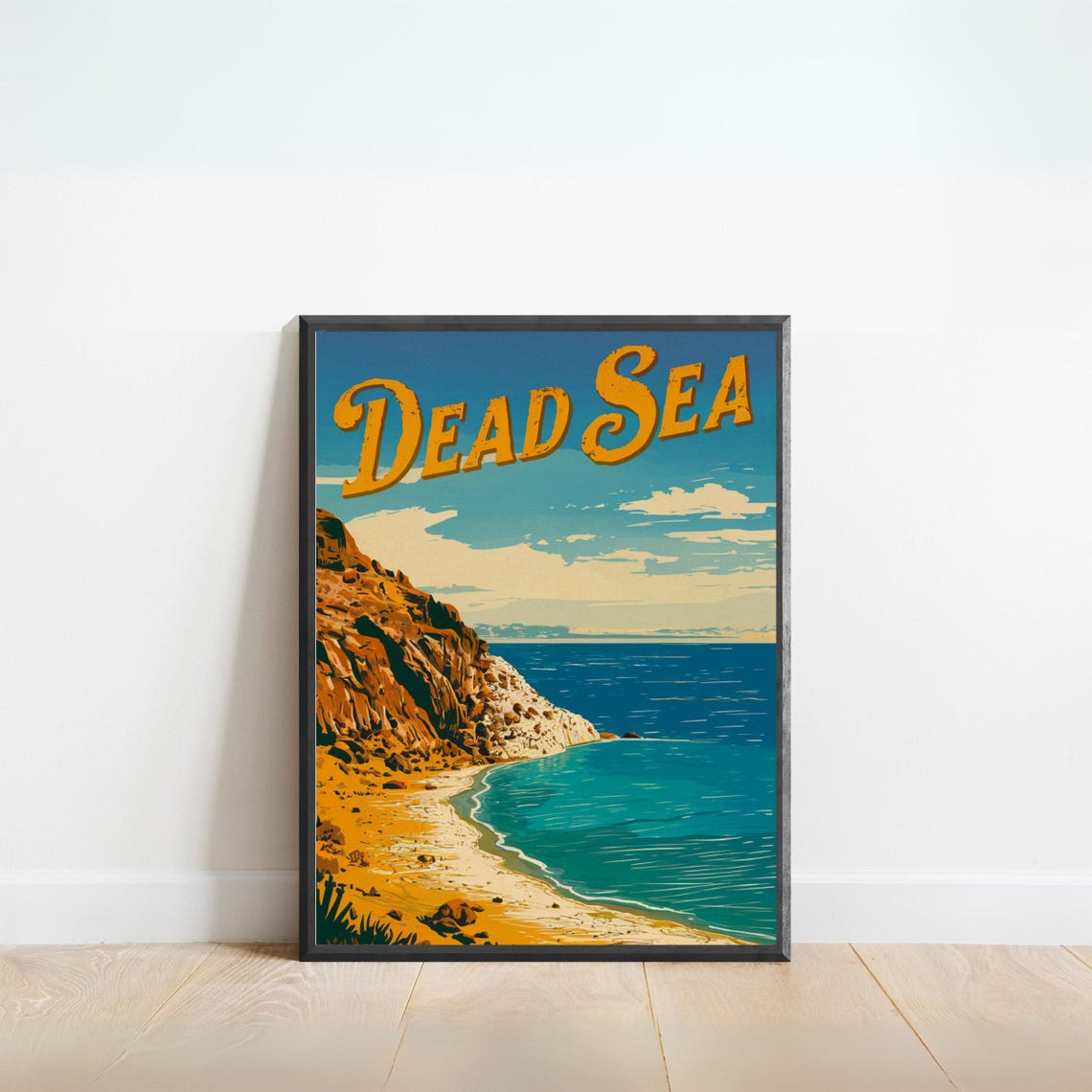 Dead Sea Rocky Shoreline Salt Cliffs Desert Oasis Retro Travel Poster