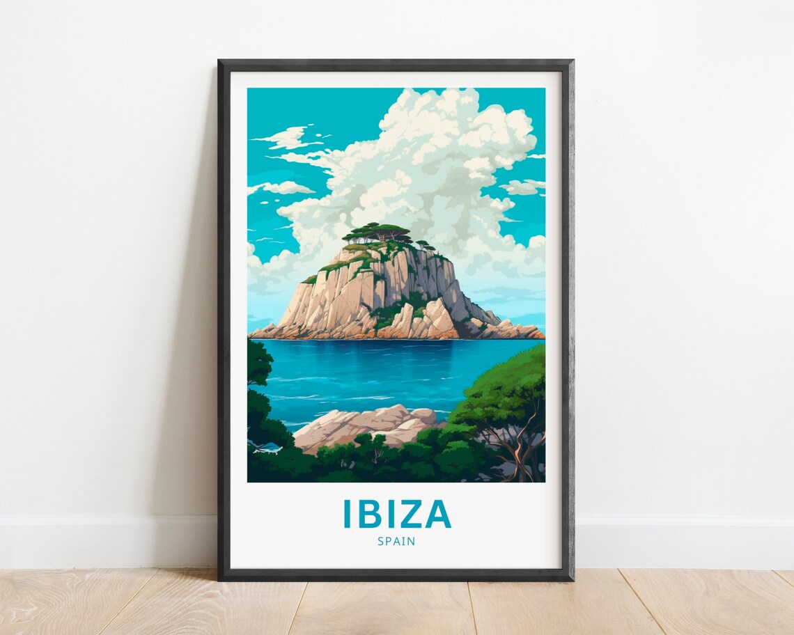 Ibiza Spain Rocky Island with Pine Trees in Blue Mediterranean Poster