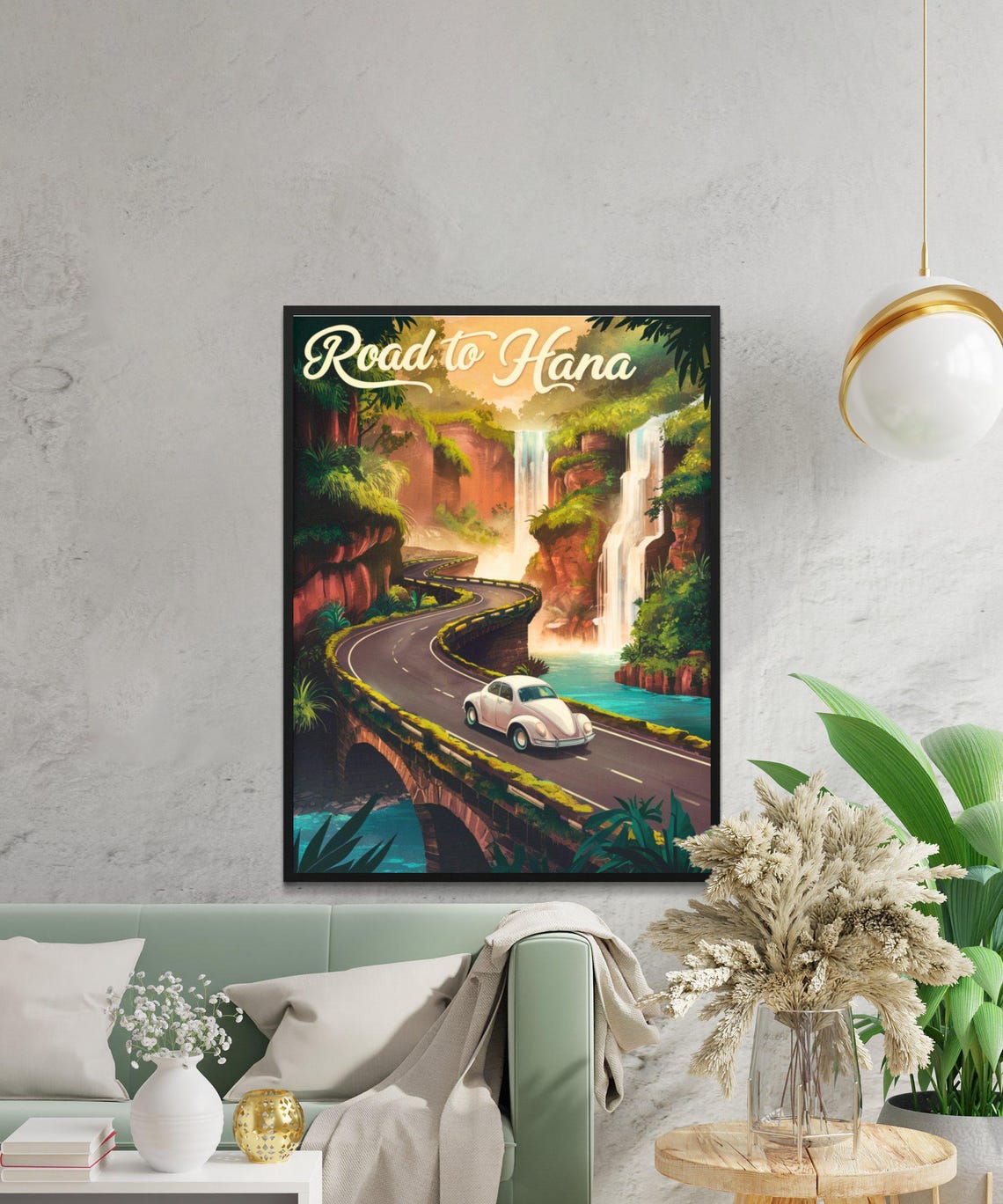 Road to Hana Hawaii Waterfall Bridge Vintage Beetle Travel Poster - Image 2