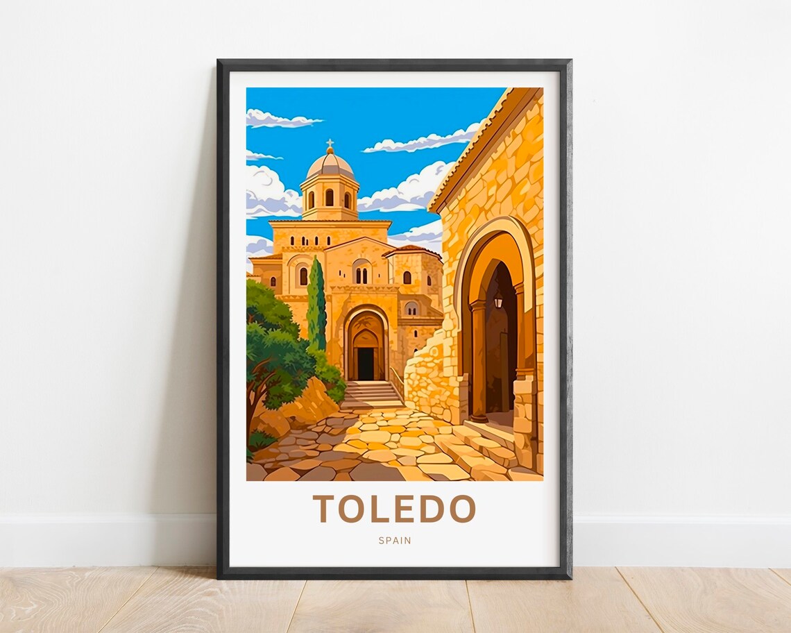Toledo Spain Travel Poster Historic Old Town Stone Arch Wall Decor