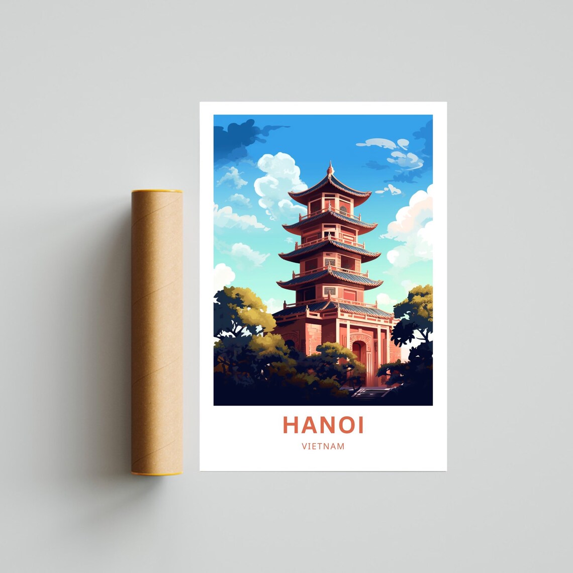 Hanoi Vietnam Red Tiered Pagoda Temple Golden Sky Travel Poster - Image 4