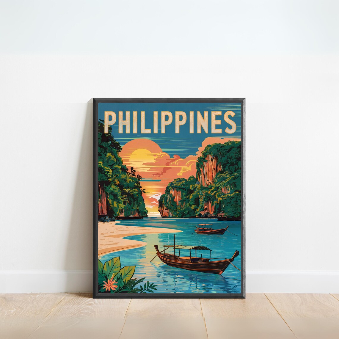 Philippines Vintage Travel Poster Tropical Bay with Boats at Sunset