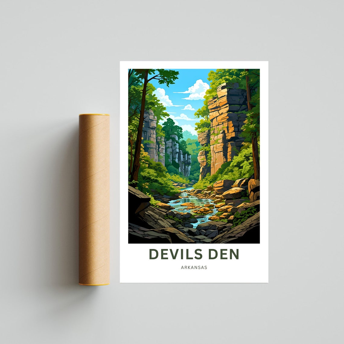 Devils Den Arkansas Canyon Creek Limestone Travel Illustration Poster - Image 4