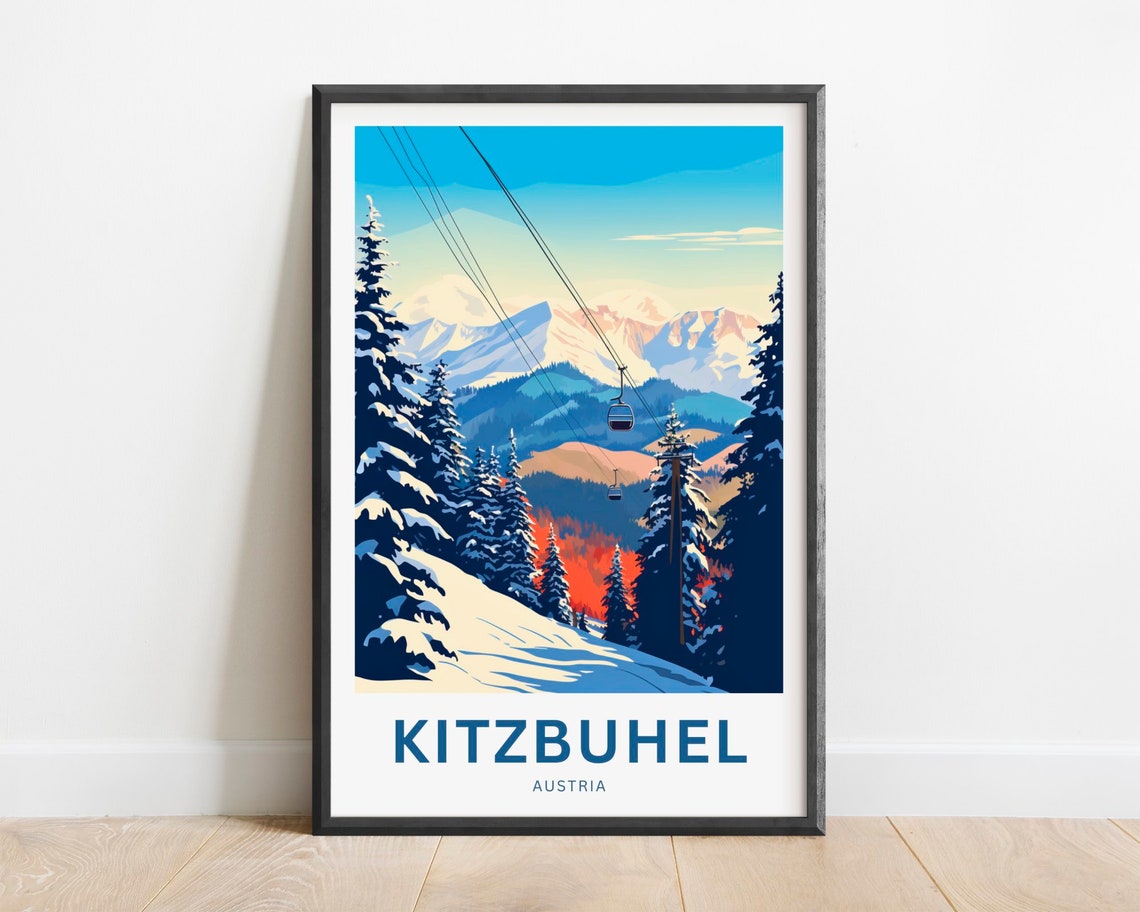 Kitzbuhel Ski Gondolas Snowy Slopes Sunset Peaks Austria Travel Poster