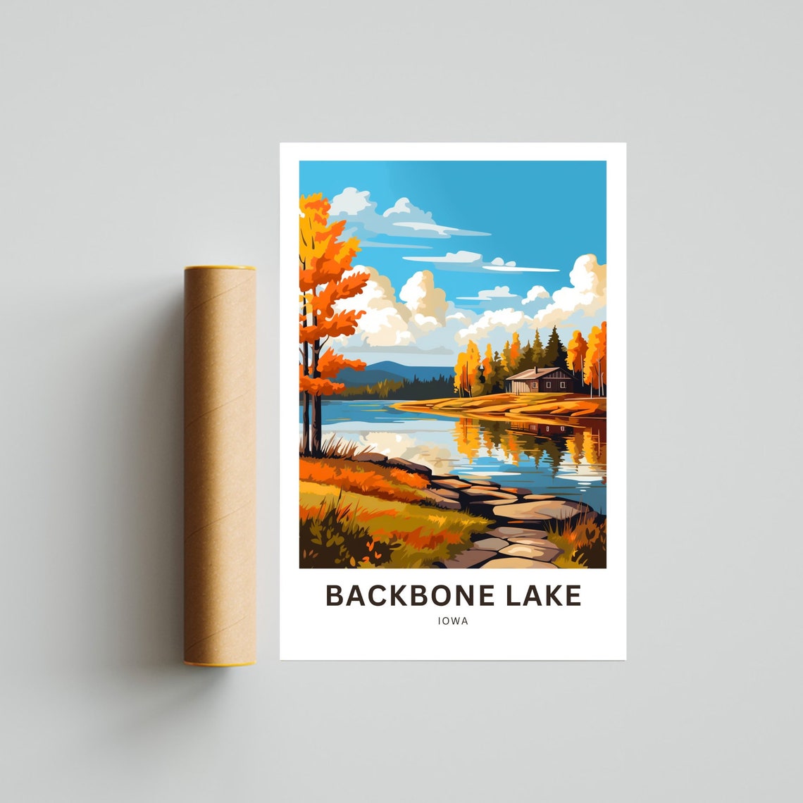 Backbone Lake Iowa Autumn Cabin Lakeside Golden Foliage Art Poster - Image 4
