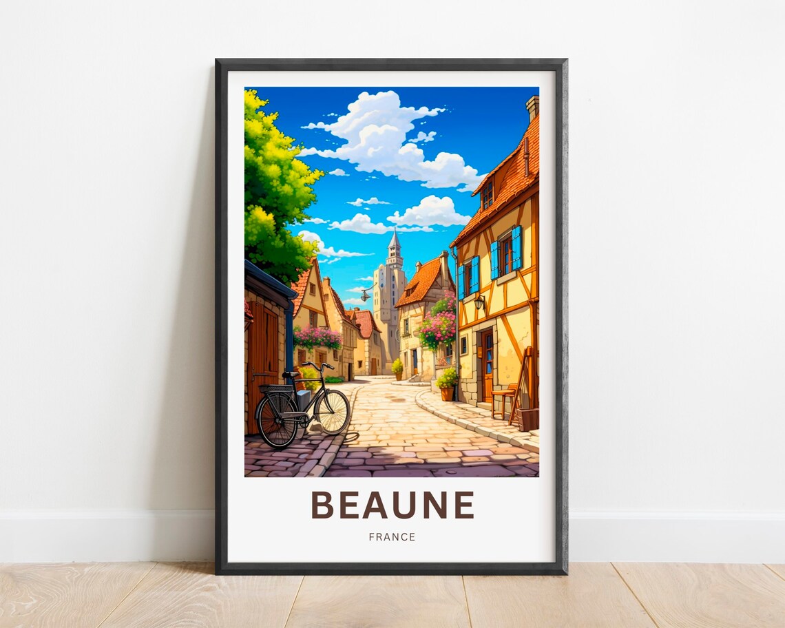 Beaune France Poster with Cobblestone Village Street and Bike Art