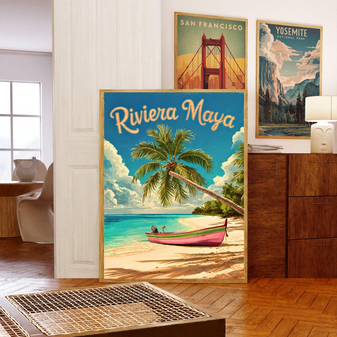 Riviera Maya Mexico Palm Beach Boat Scene Vintage Travel Poster - Image 5
