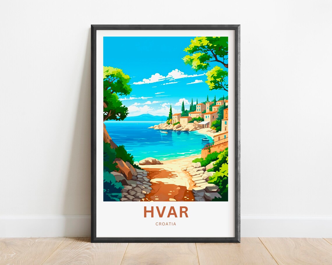 Hvar Croatia Sunny Rocky Beach Cove Coastal Village Travel Poster