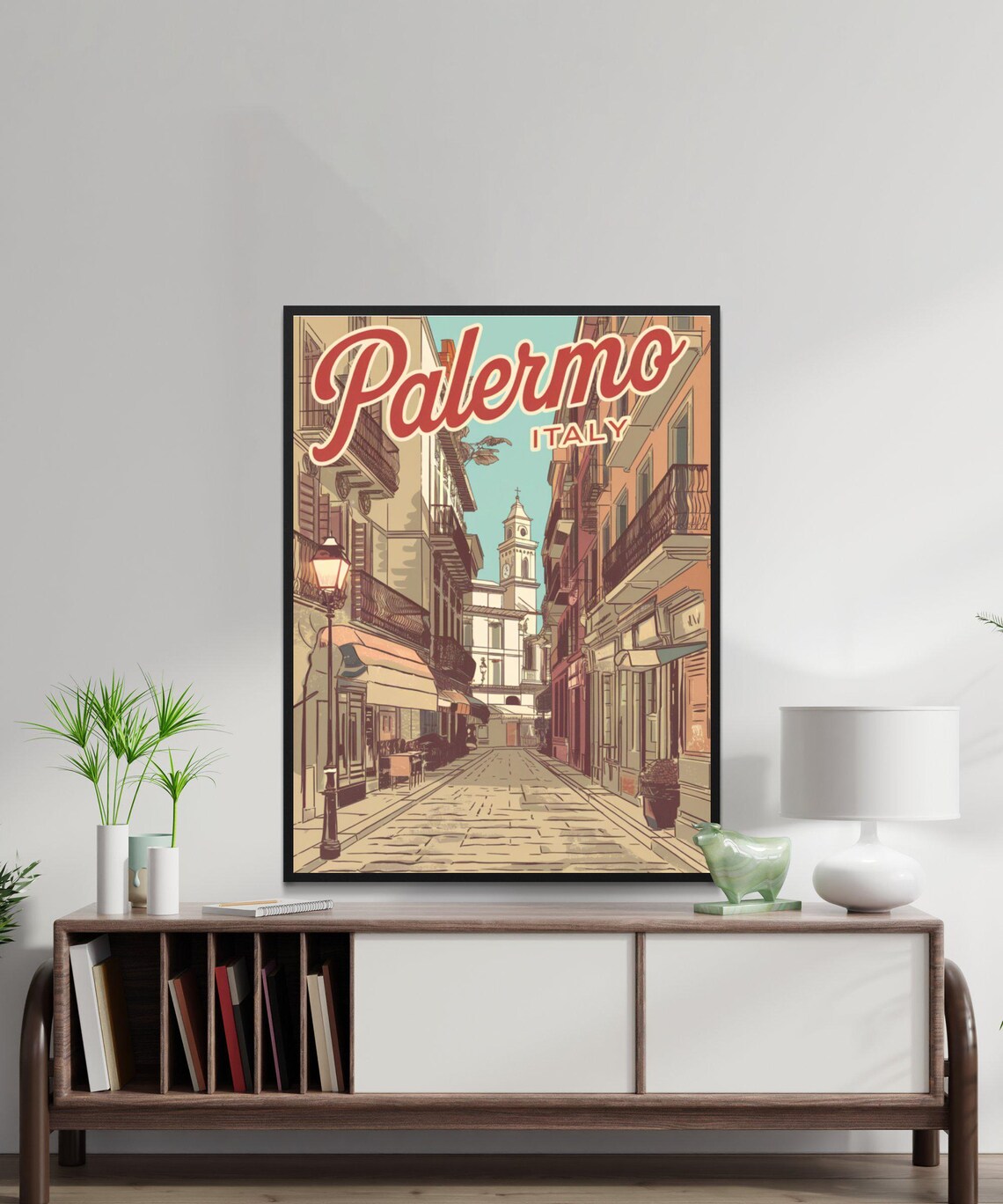 Palermo Italy Cobblestone Old Town Street Retro Travel Scene Poster - Image 4