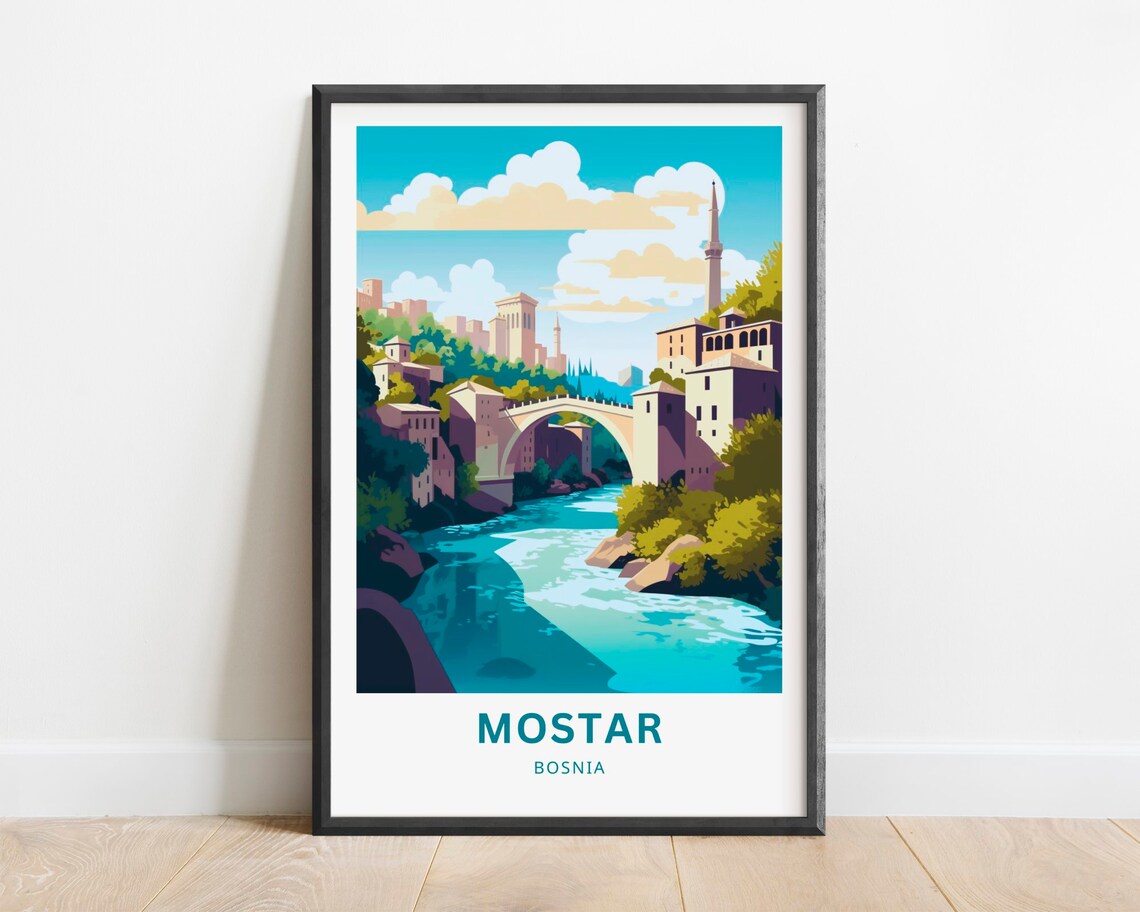 Mostar Bosnia Travel Poster Stari Most Bridge over Turquoise River