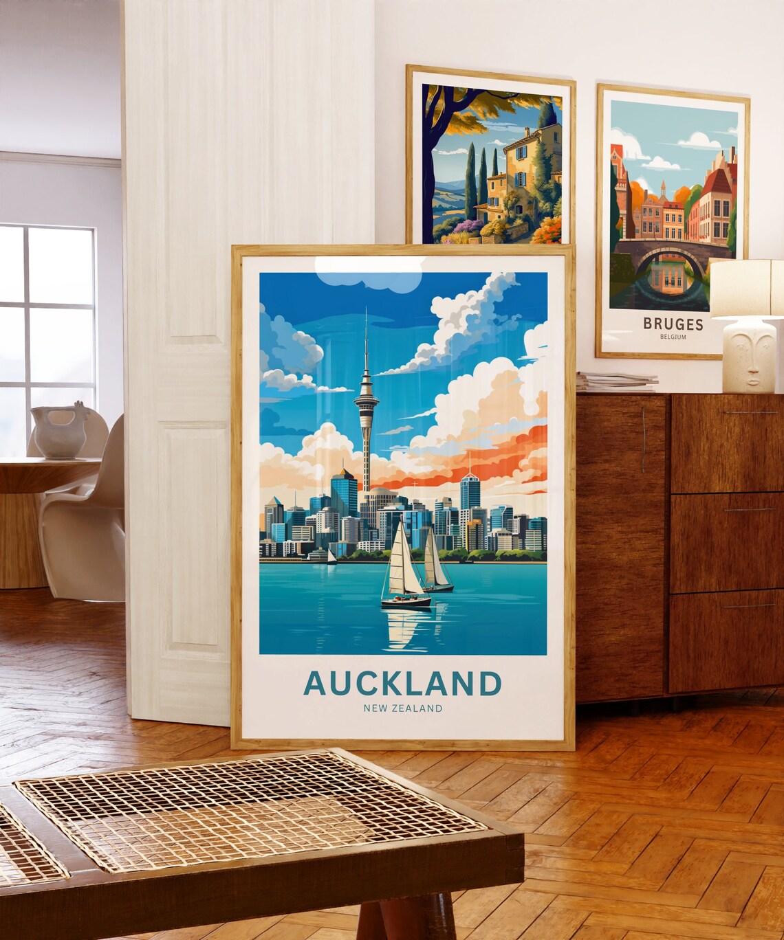 Auckland New Zealand Sky Tower Sunset Sailboat Scene Travel Poster - Image 5