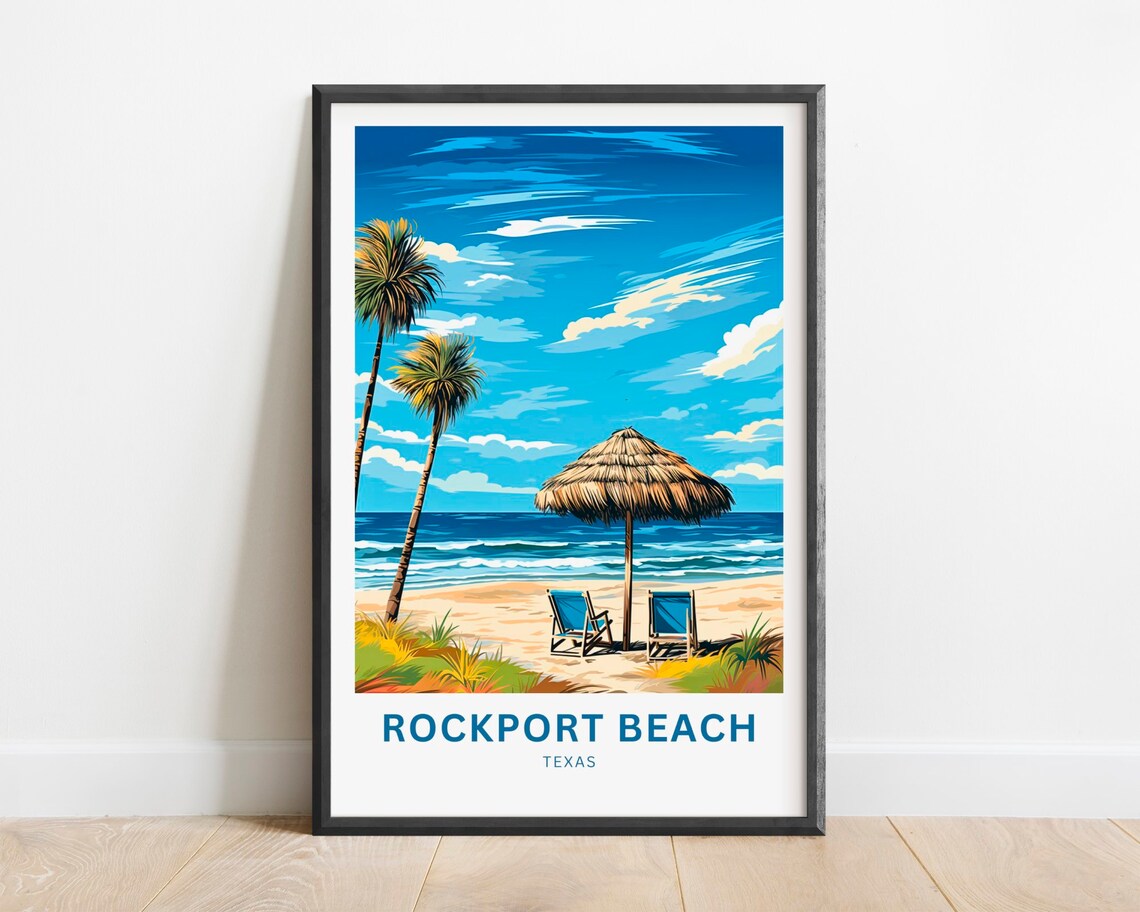 Rockport Beach Texas Palms Beach Umbrella Coastal Travel Poster