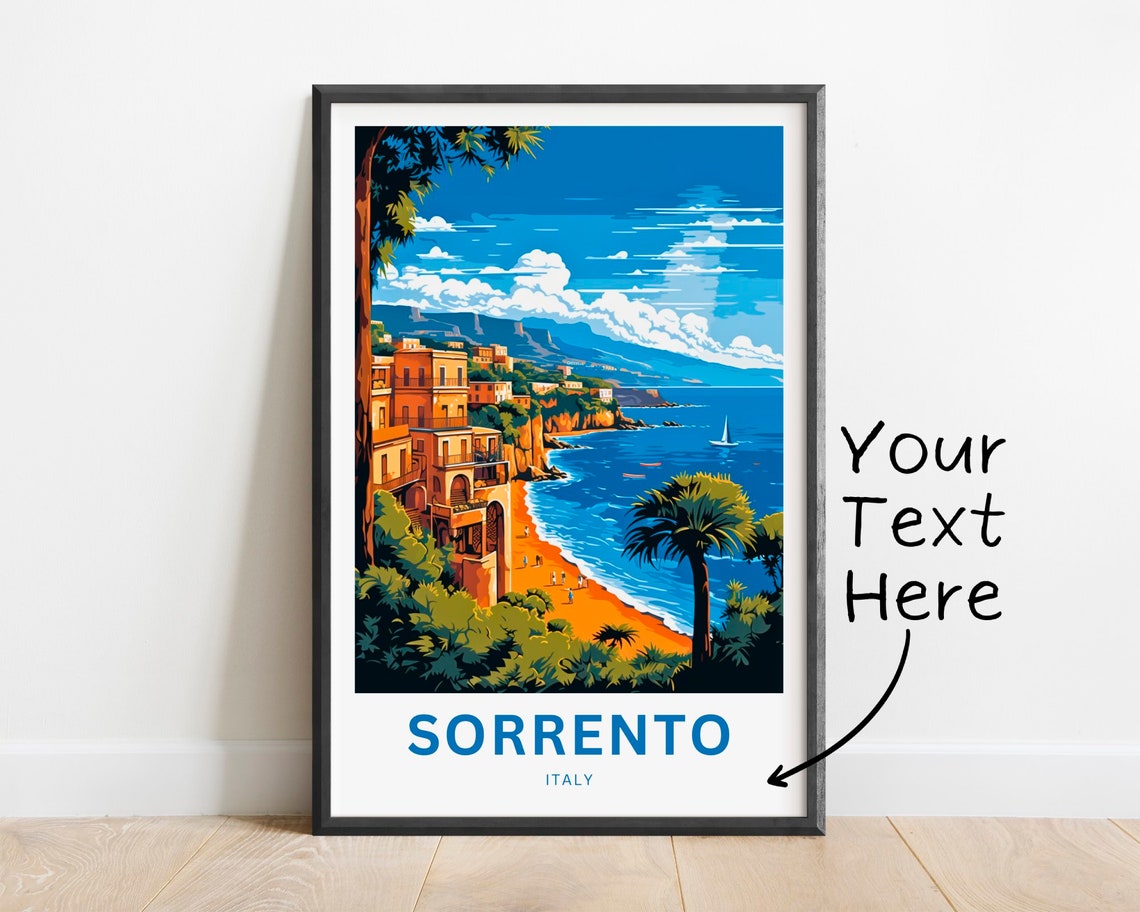 Sorrento Italy Beach Palms Distant Mountain Custom Art Poster