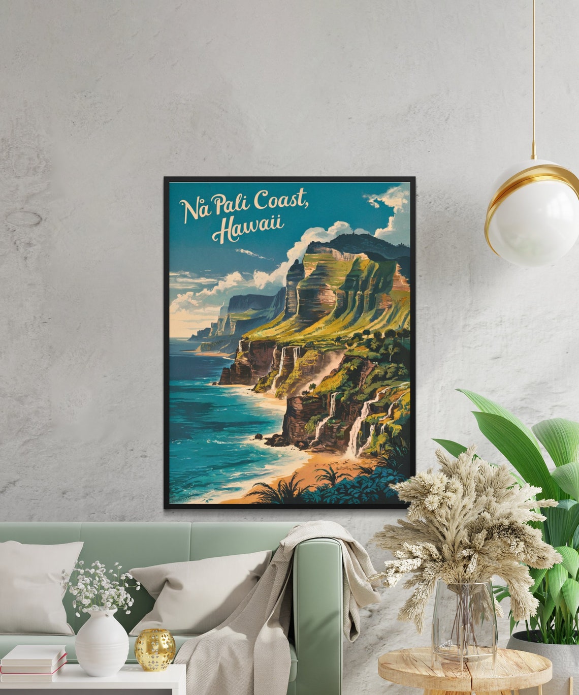 Na Pali Coast Hawaii Vintage Sea Cliffs Waterfall Dramatic Poster - Image 4