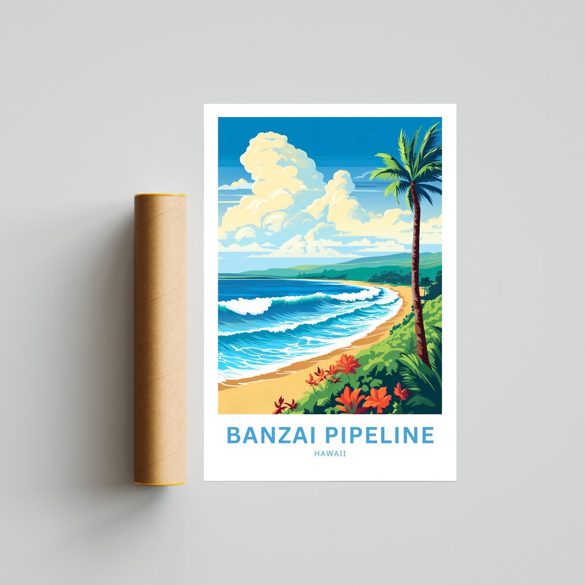 Banzai Pipeline Hawaii Beach with Palm Tree and Waves Poster - Image 4