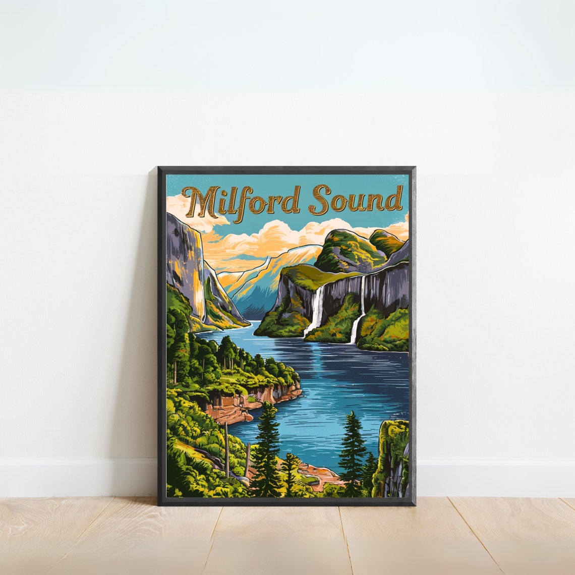 Milford Sound Vintage Travel Poster Milford Sound Print New Zealand Wall Art Framed Present Gift New Zealand Present