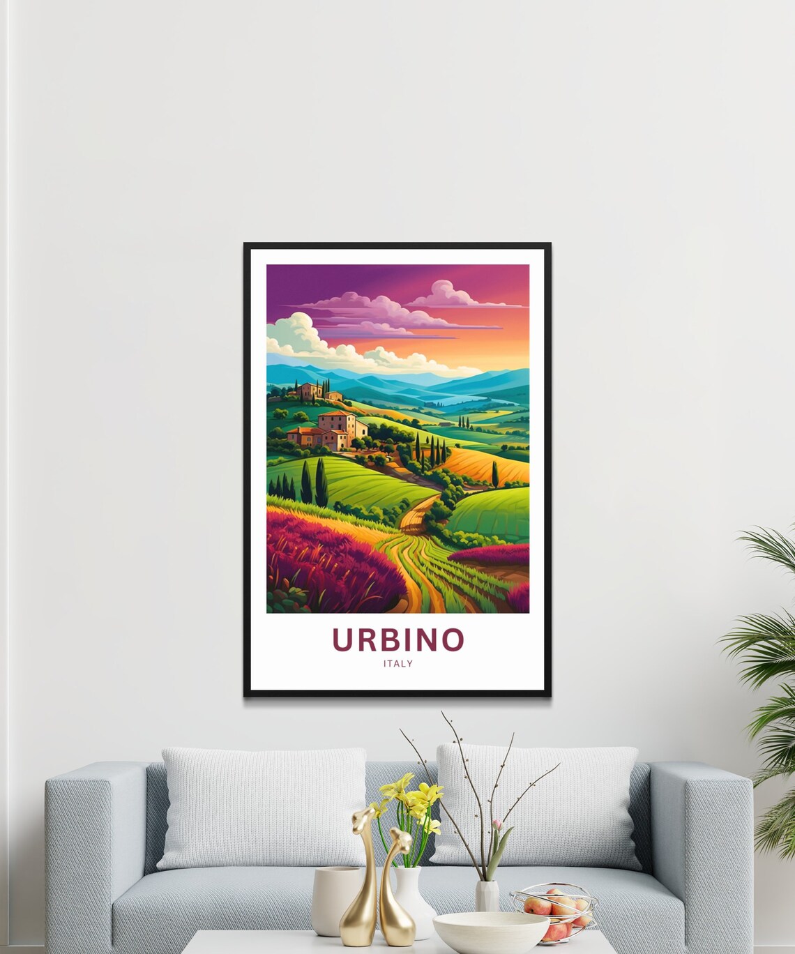Urbino Italy Rolling Hills Sunset Farmhouse Landscape Poster - Image 3