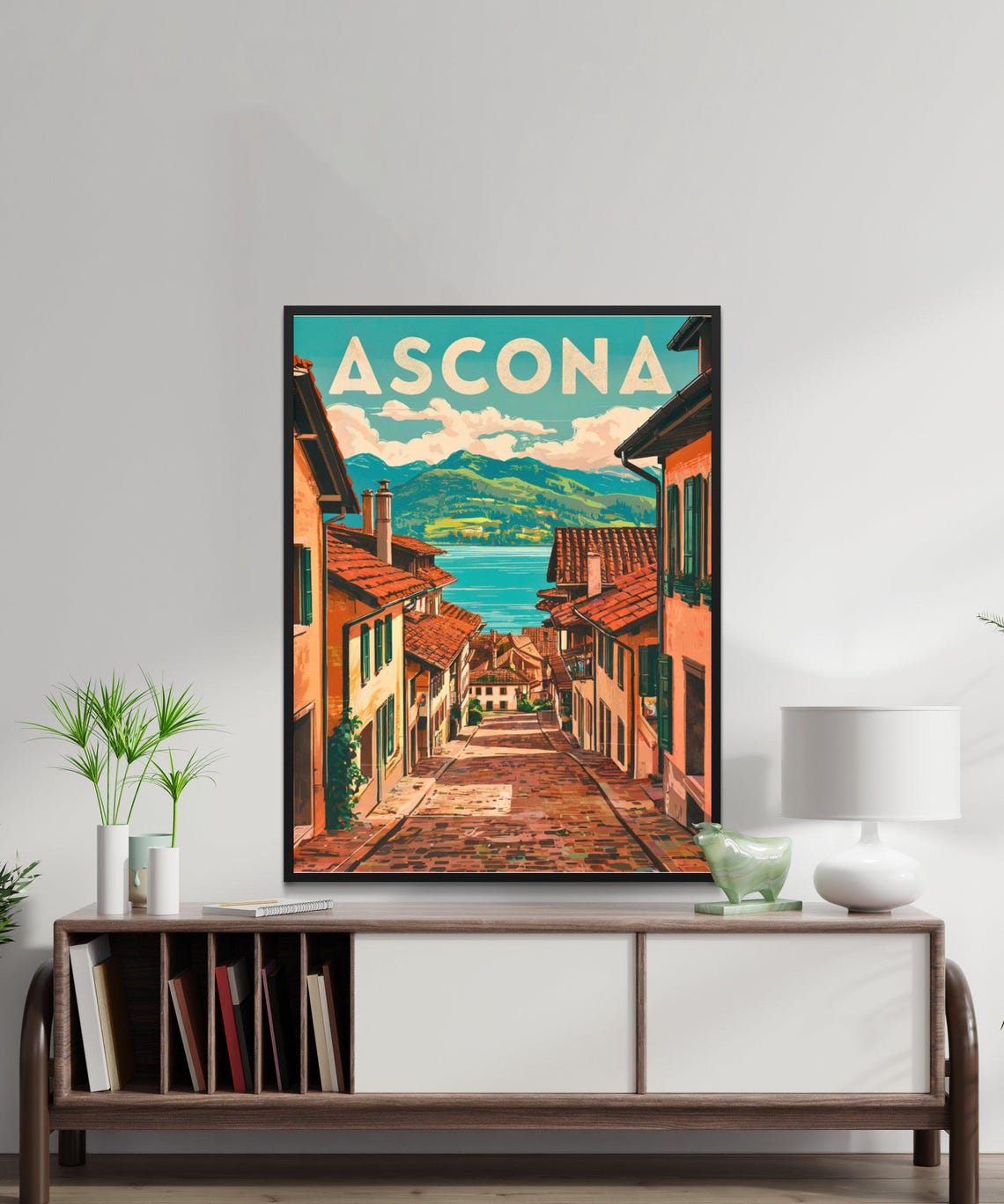 Ascona Bold Lettering Cobblestone Lane Lake Mountains Travel Poster - Image 2