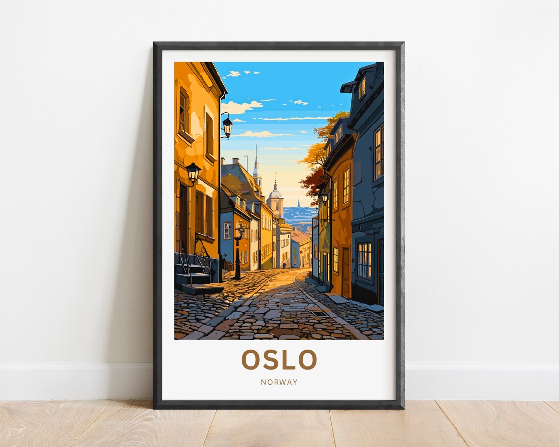 Oslo Norway Historic Street Ochre Houses Vintage Travel Poster