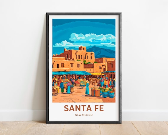 Santa Fe Market Plaza Vintage Travel Poster Colorful Southwest Home Decor