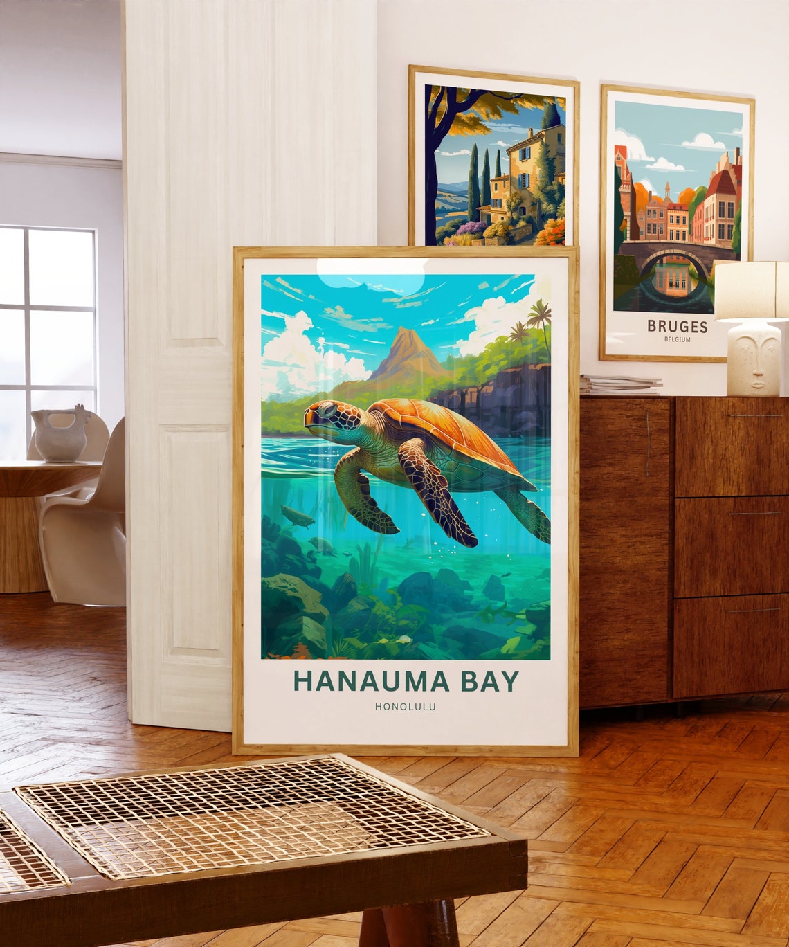 Hanauma Bay Honolulu Sea Turtle Reef Ocean Travel Illustration Poster - Image 5