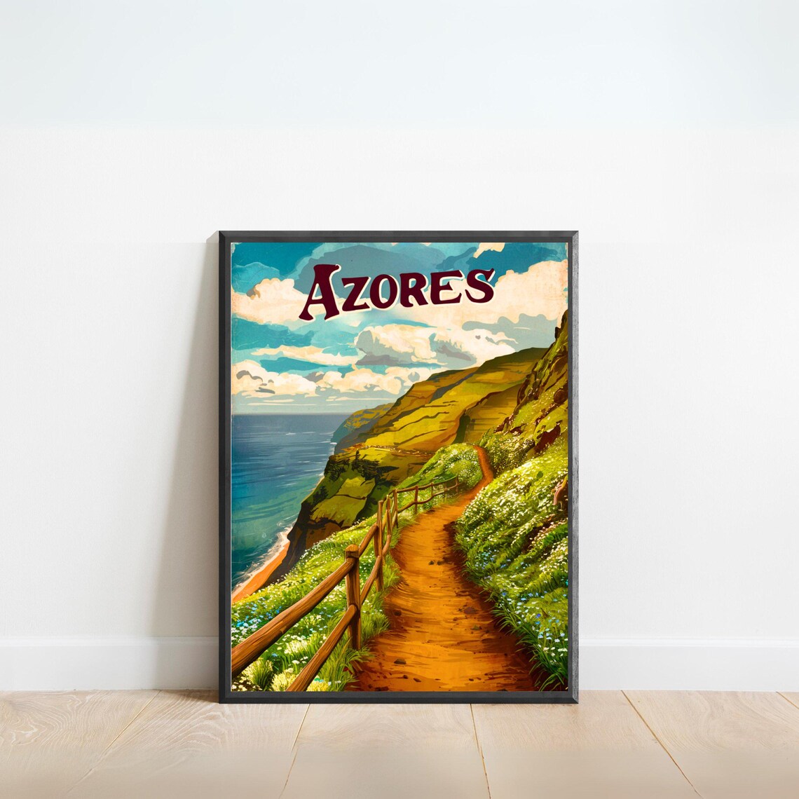 Azores Vintage Coastal Hiking Trail Ocean Hills Travel Poster