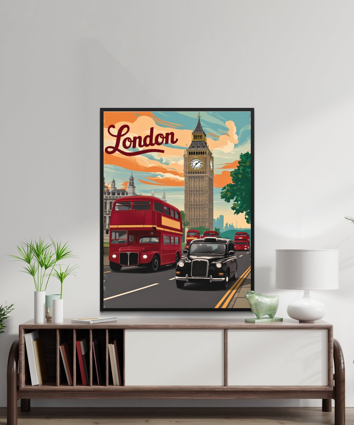 London England Vintage Retro Big Ben Red Bus and Black Cab Poster - Image 2