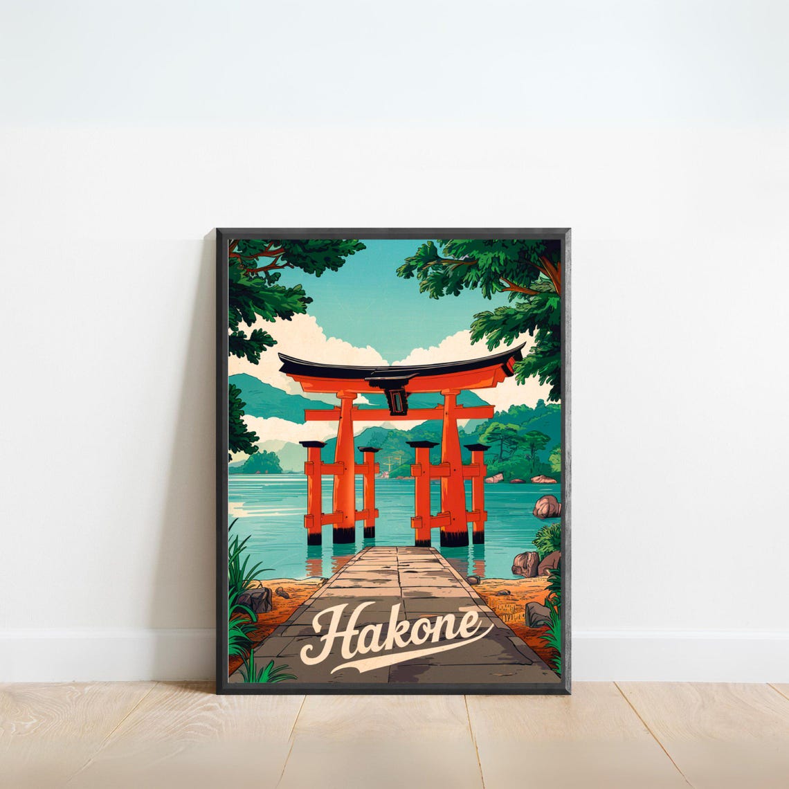 Hakone Japan Floating Torii Gate Stone Path Vintage Travel Poster