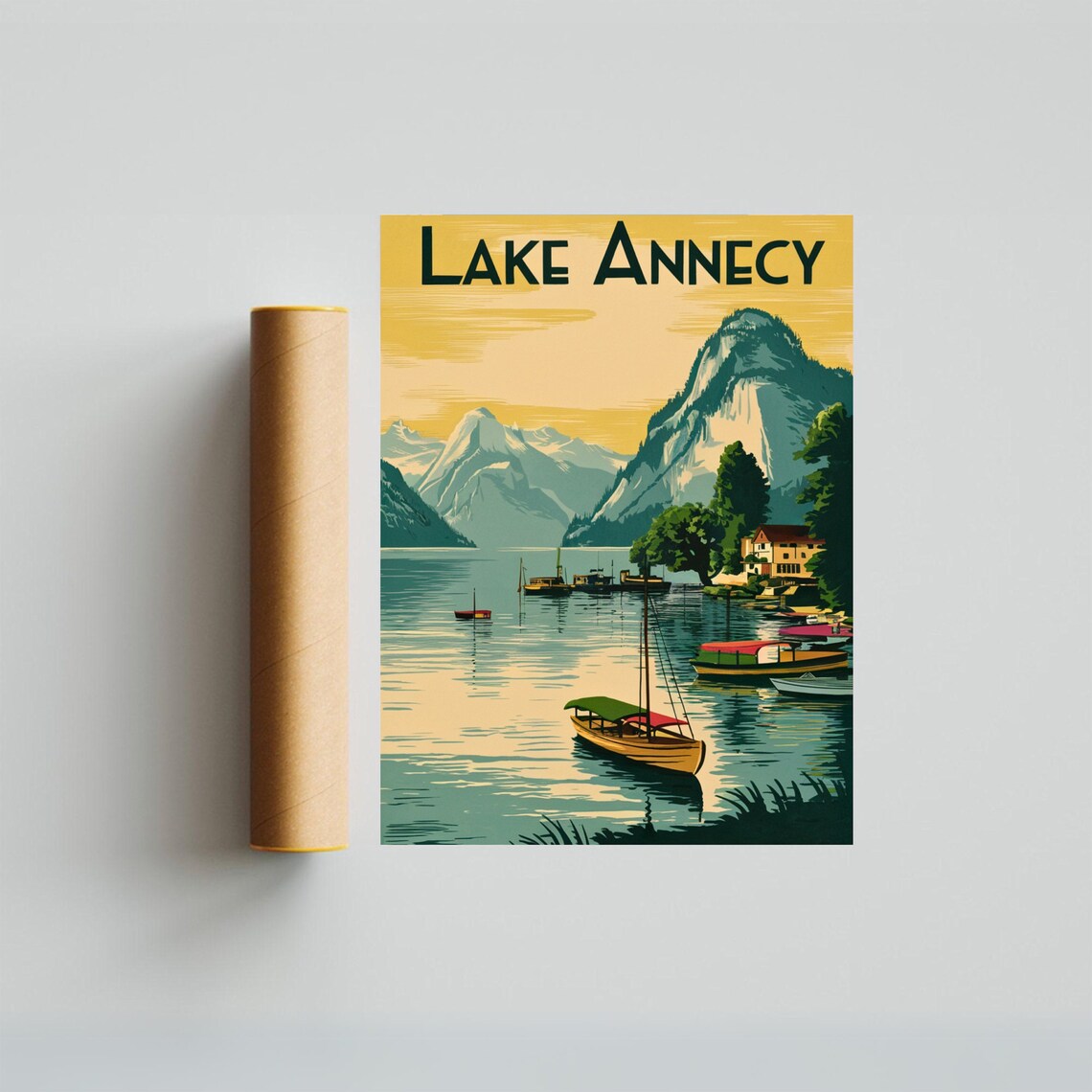 Lake Annecy Golden Sky Sailboat Mountain Shore Vintage Poster - Image 4