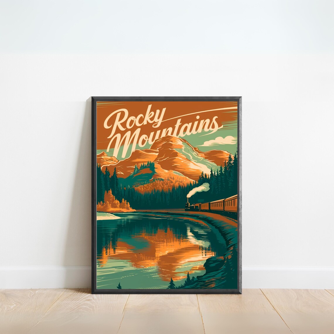Rocky Mountains Vintage Train Lake Reflection Retro Travel Poster