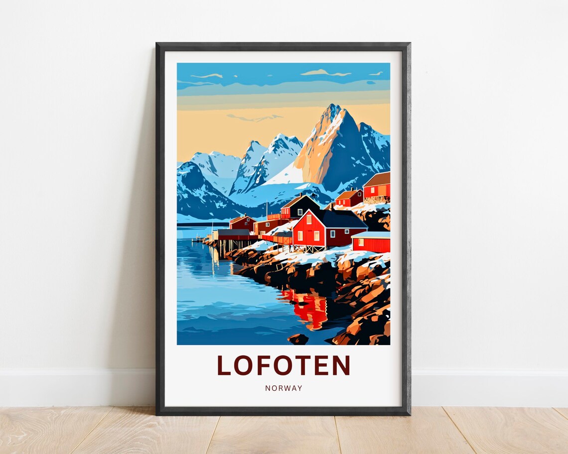 Lofoten Norway Red Cabins Snowy Peaks Arctic Fjord Travel Poster