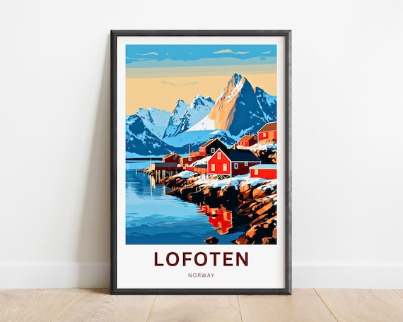 Lofoten Norway Red Cabins Snowy Peaks Arctic Fjord Travel Poster