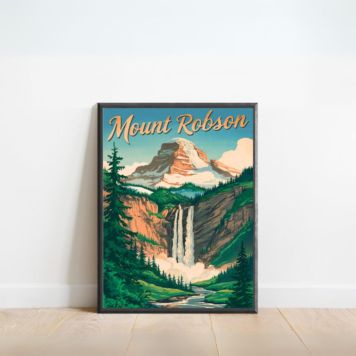 Mount Robson Canada Snowy Peak Waterfalls Retro Travel Poster Art