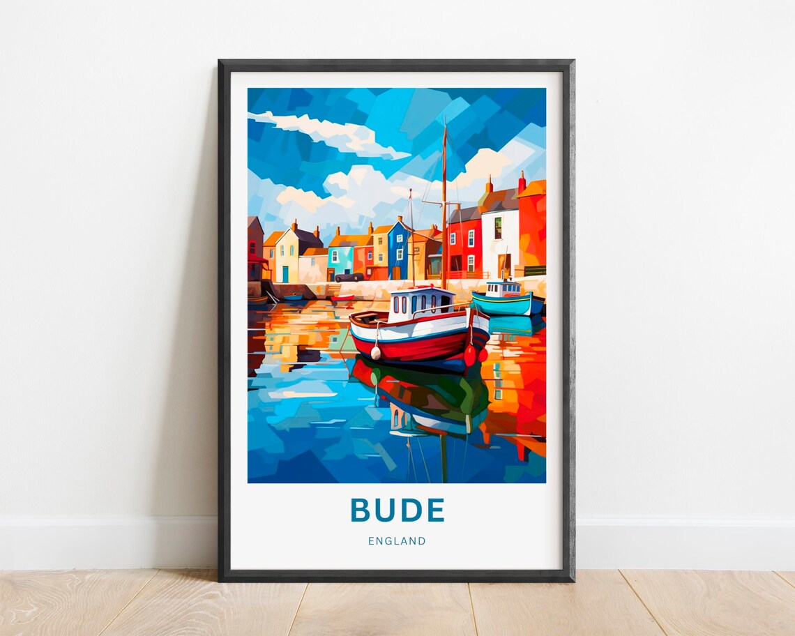 Bude England Colorful Harbor Geometric Boat Art Travel Poster