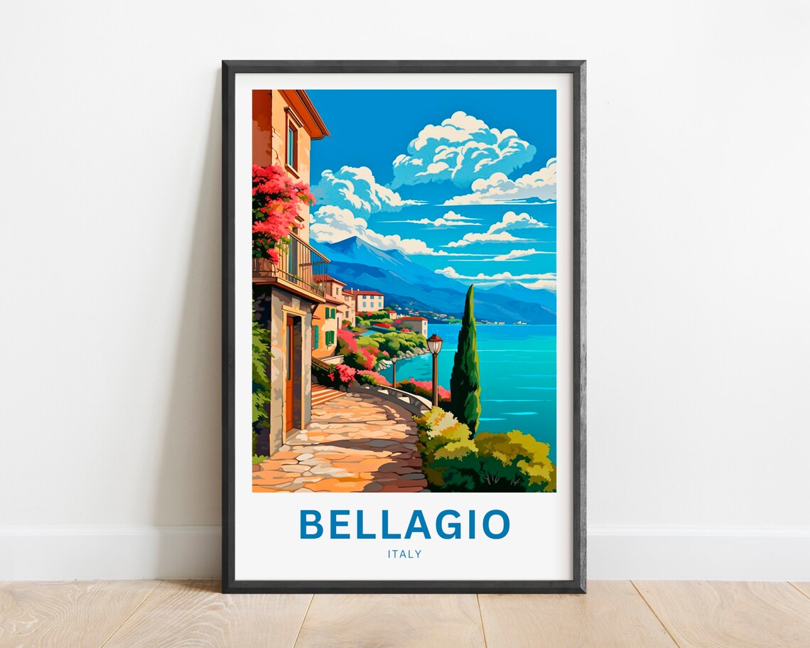 Bellagio Italy Stone Lane Lakeside Bougainvillea Travel Poster