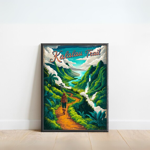 Kalalau Trail Vintage Hawaii Hiker Waterfall Hiking Adventure Poster