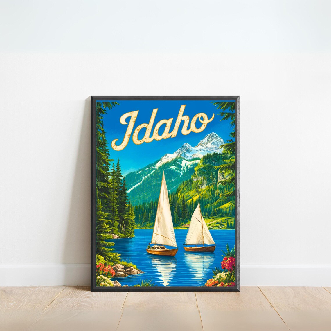 Idaho Vintage Travel Poster Two Sailboats Alpine Lake Snowy Peaks Art