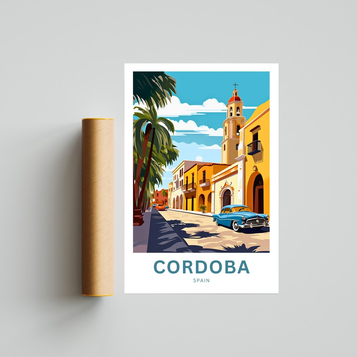 Cordoba Spain Church Street Blue Classic Car Custom Travel Poster - Image 4