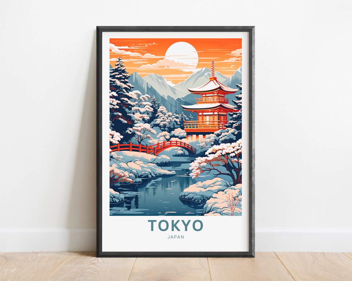 Tokyo Japan Winter Pagoda Temple Snow Bridge Travel Art Poster