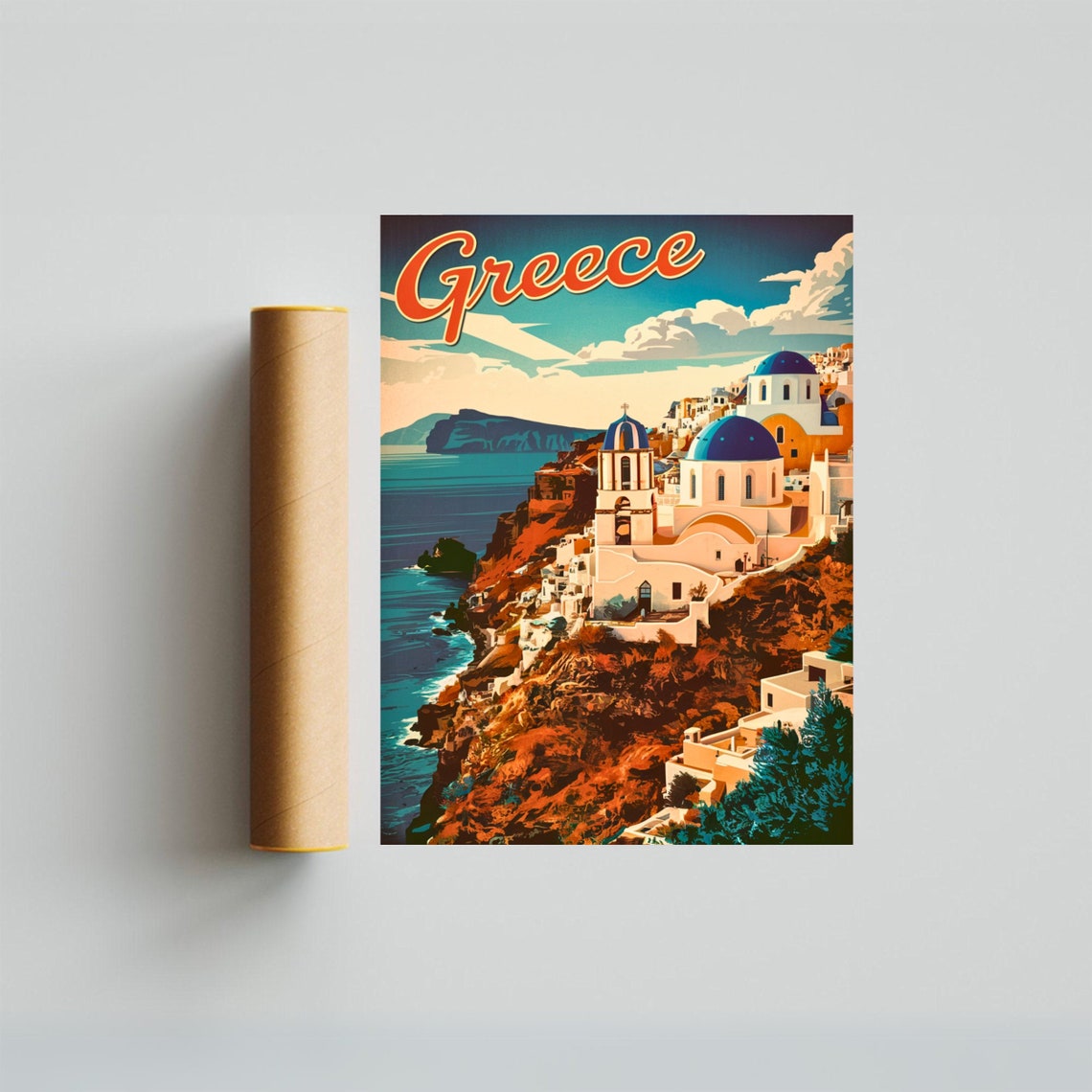Greece Santorini Whitewashed Village Sea View Vintage Travel Poster - Image 2