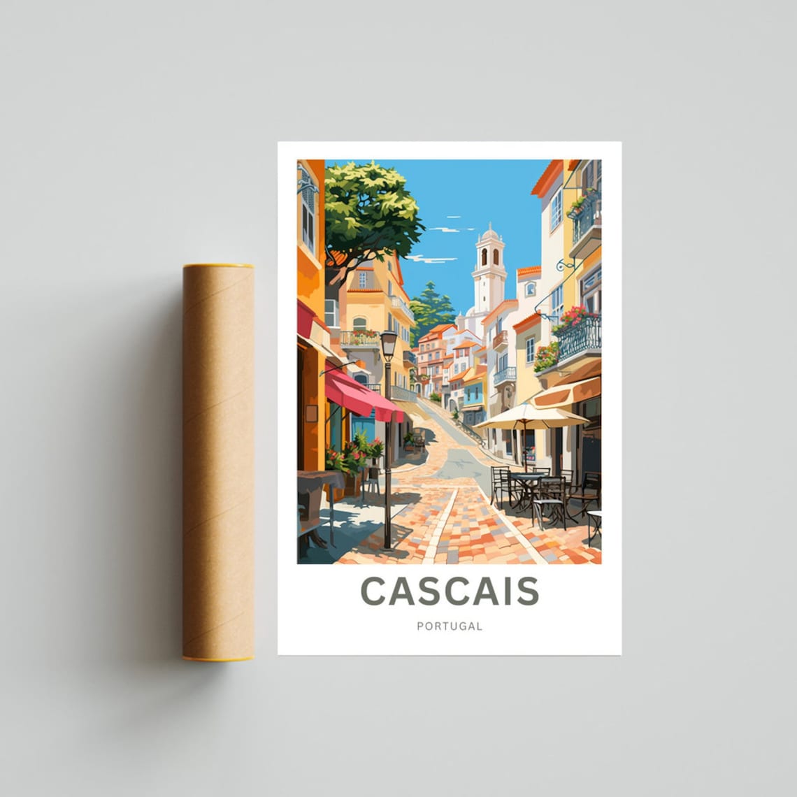 Cascais Portugal Old Town Street Cafe Church Tower Travel Poster - Image 4