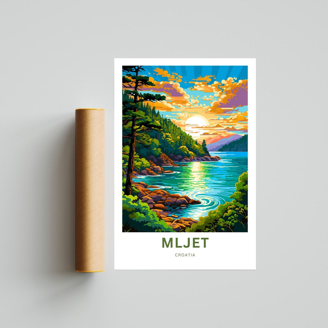 Mljet Croatia Custom Text Sunset Cove Pine Forest Art Poster - Image 2
